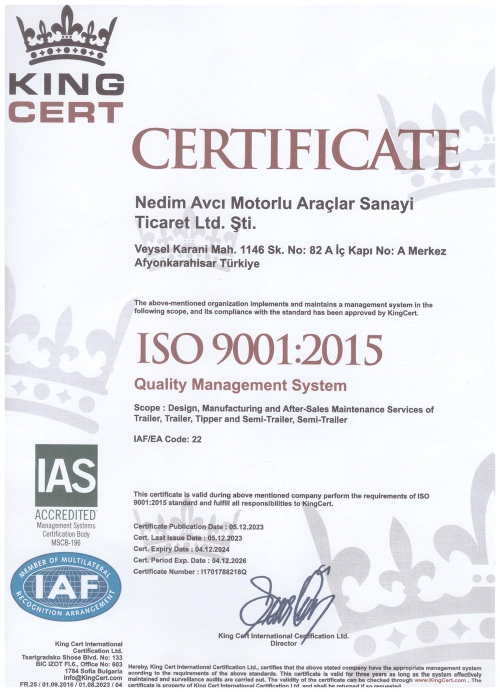 ISO 9001:2015 Kalite Yönetim Sistemi Sertifikası