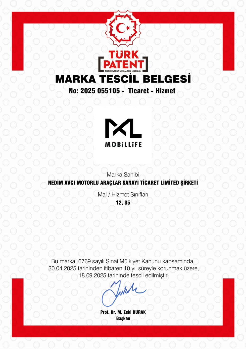 MOBİLLİFE Marka Tescil Belgesi