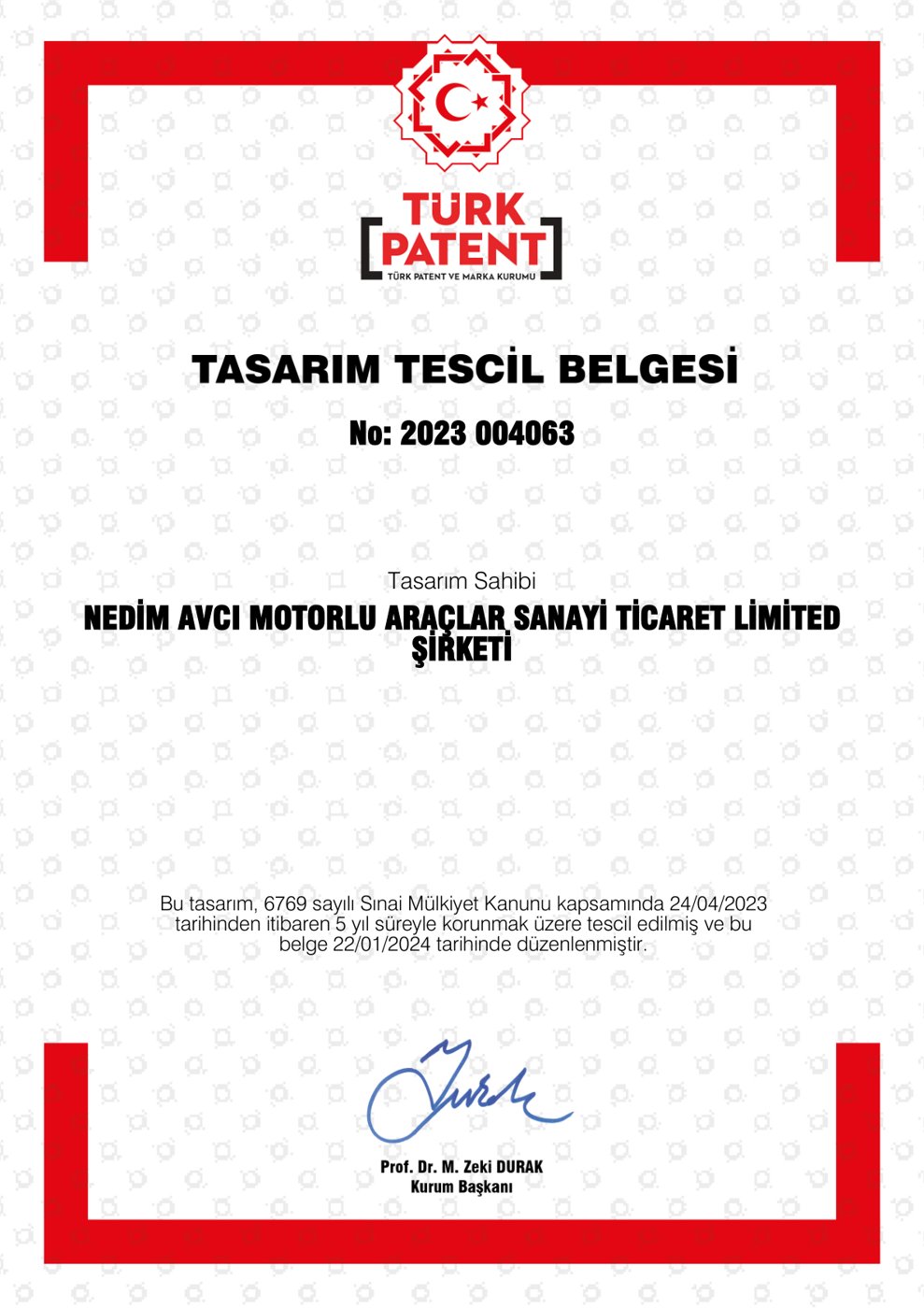 Tasarım Tescil Belgesi