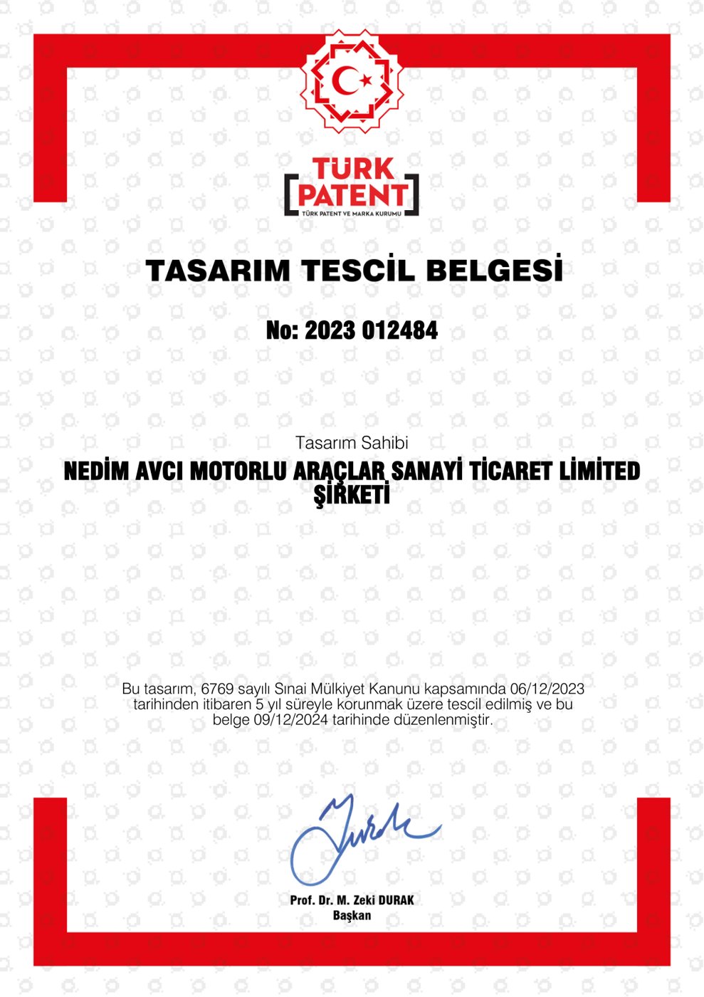 Karavan Tasarım Tescil Belgesi